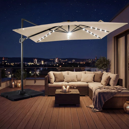 Cantilever patio umbrella DirectDeals with cream canopy, solar LED lights, base on deck on Tampa Home & Garden Store