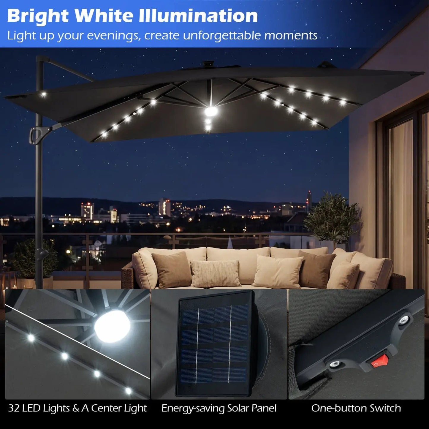 Cantilever Patio Umbrella Solar LED Lights Base