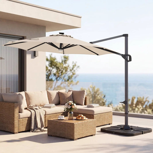 10 ft cantilever patio umbrella DirectDeals beige canopy and solar LED lights, mounted on base on Tampa Home & Garden Store