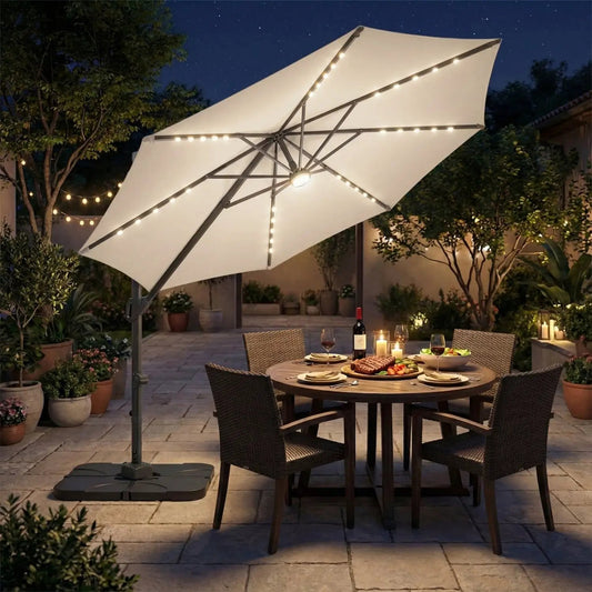 10 ft cantilever umbrella with solar LED lights, white canopy, included base on Tampa Home & Garden Store