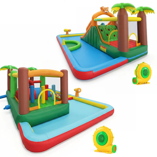 Inflatable Water Park with Dual Slides & Obstacle Course by DirectDeals, vibrant tropical colors on Tampa Home & Garden Store