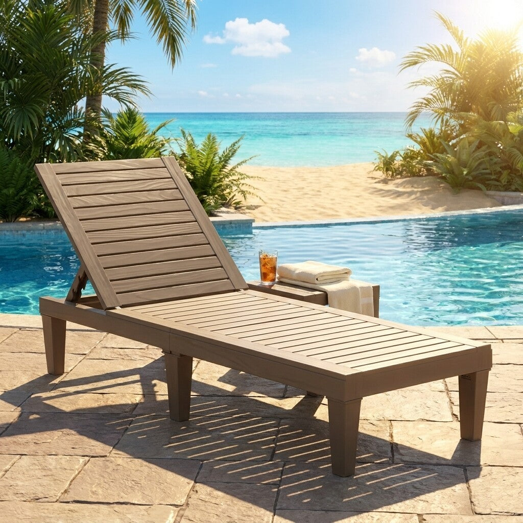 Chaise Lounge set of 2 by DirectDeals in taupe slatted wood, 5-position backrest by the pool on Tampa Home & Garden Store