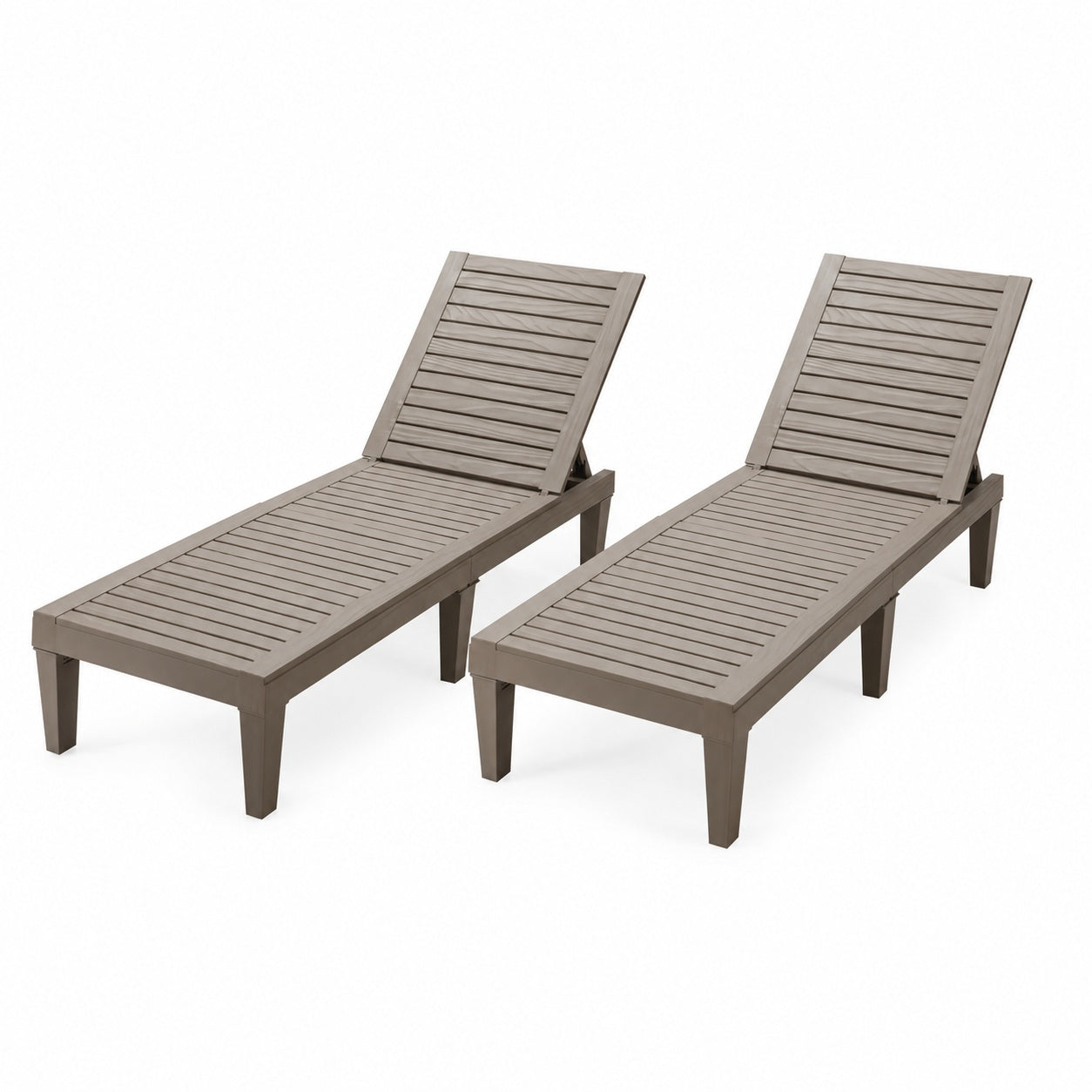 Chaise lounge chairs, set of 2, taupe slatted wood with 5-position backrest on Tampa Home & Garden Store