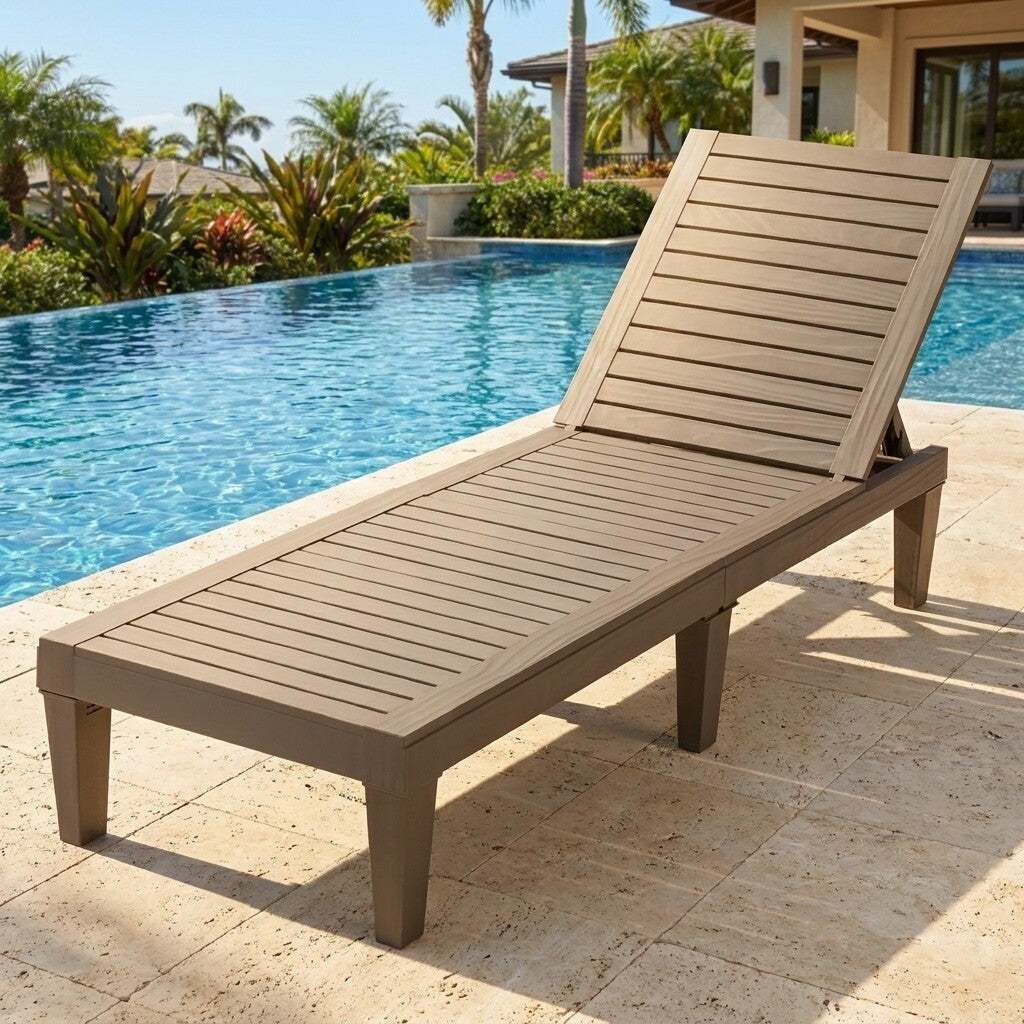 Outdoor chaise lounge chair set of 2 in tan brown with slatted seat and backrest, 5-position backrest on Tampa Home & Garden Store