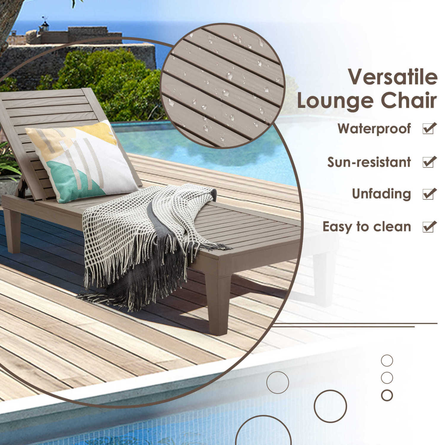 Outdoor Chaise Lounge Chair set of 2 DirectDeals, 5-position backrest, wood slat poolside on Tampa Home & Garden Store