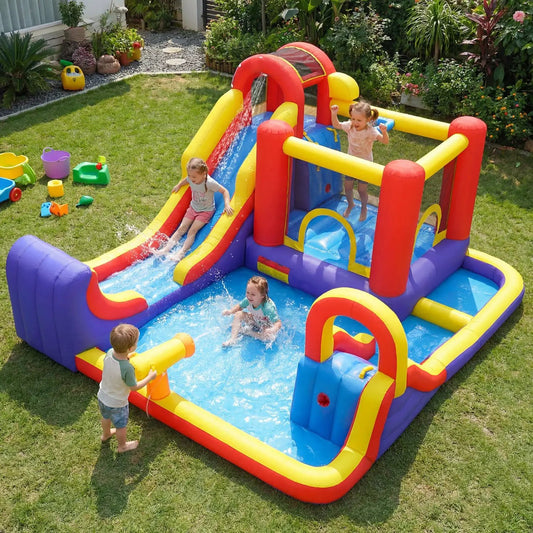 Inflatable water slide by DirectDeals, 7-in-1 with dual slides in red, yellow, blue on Tampa Home & Garden Store