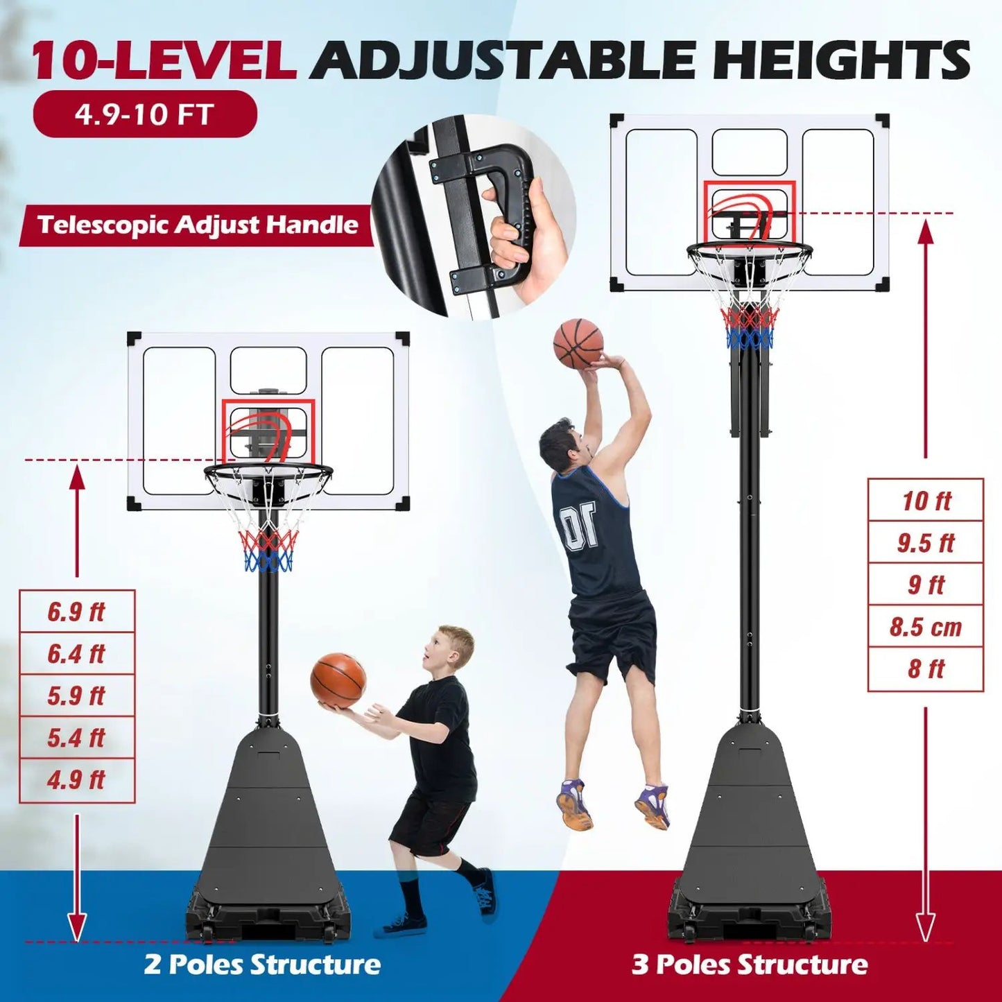 Portable Basketball Hoop Adjustable 4.9-10 Feet
