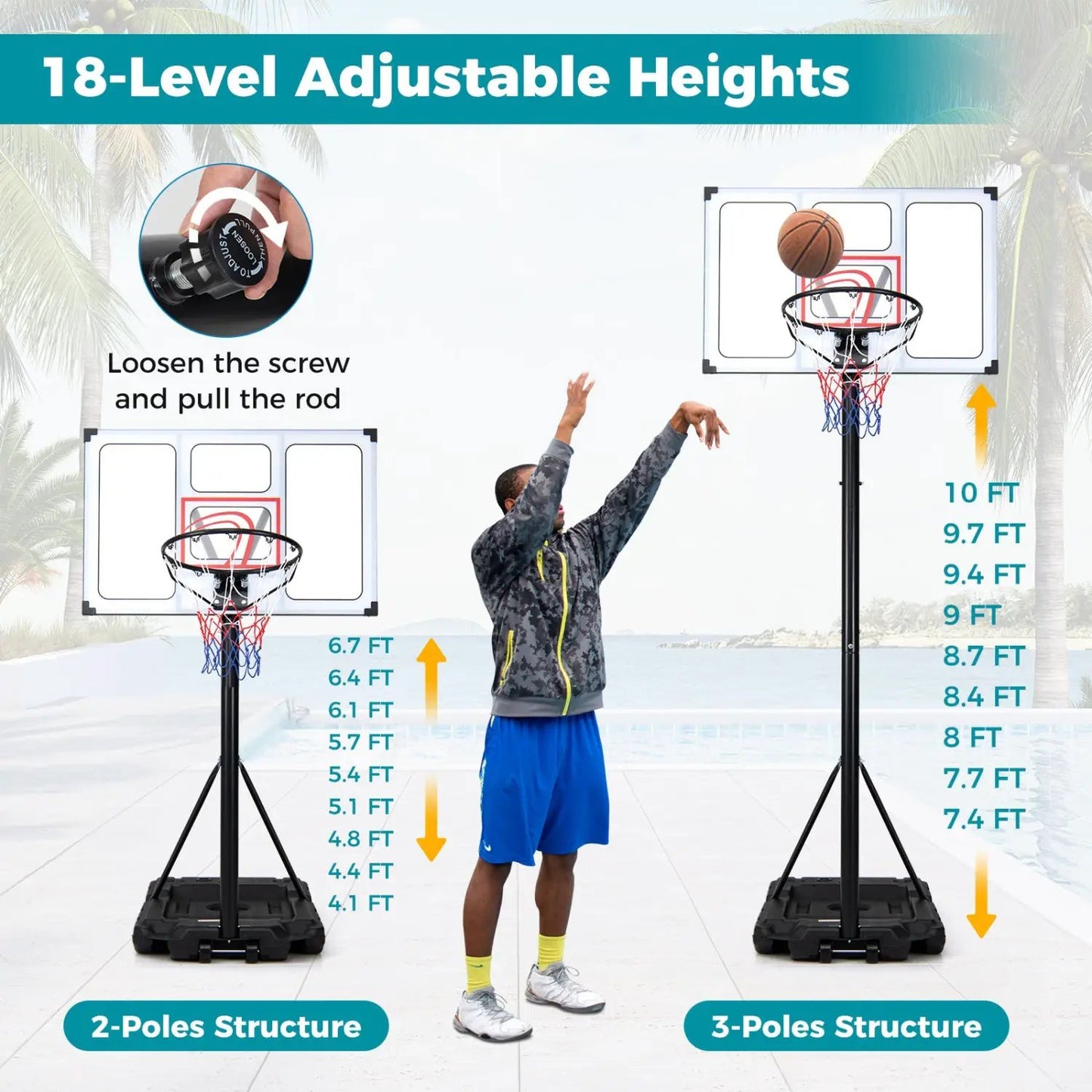 Portable Basketball Hoop Adjusts 4.1-10 Feet Base