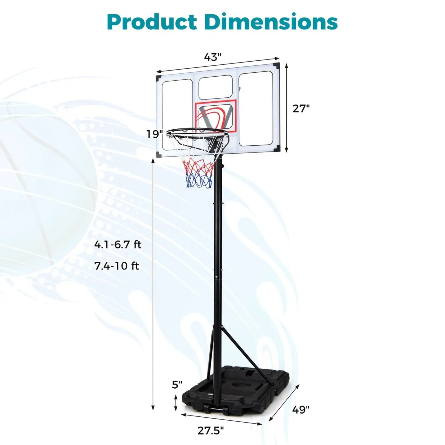 Portable Basketball Hoop Adjusts 4.1-10 Feet Base