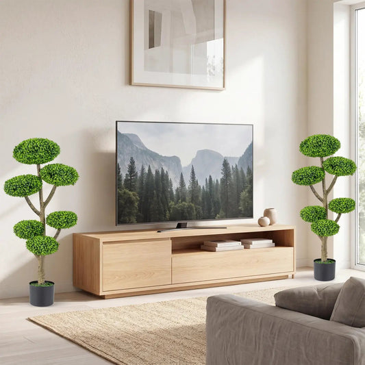 6-Ball Topiary Tree set of 2 in grey pots beside a wooden media console on Tampa Home & Garden Store