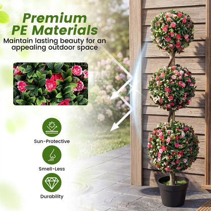 Artificial Triple Ball Rose Topiary Trees Set of 2