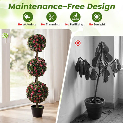 Artificial Triple Ball Rose Topiary Trees Set of 2