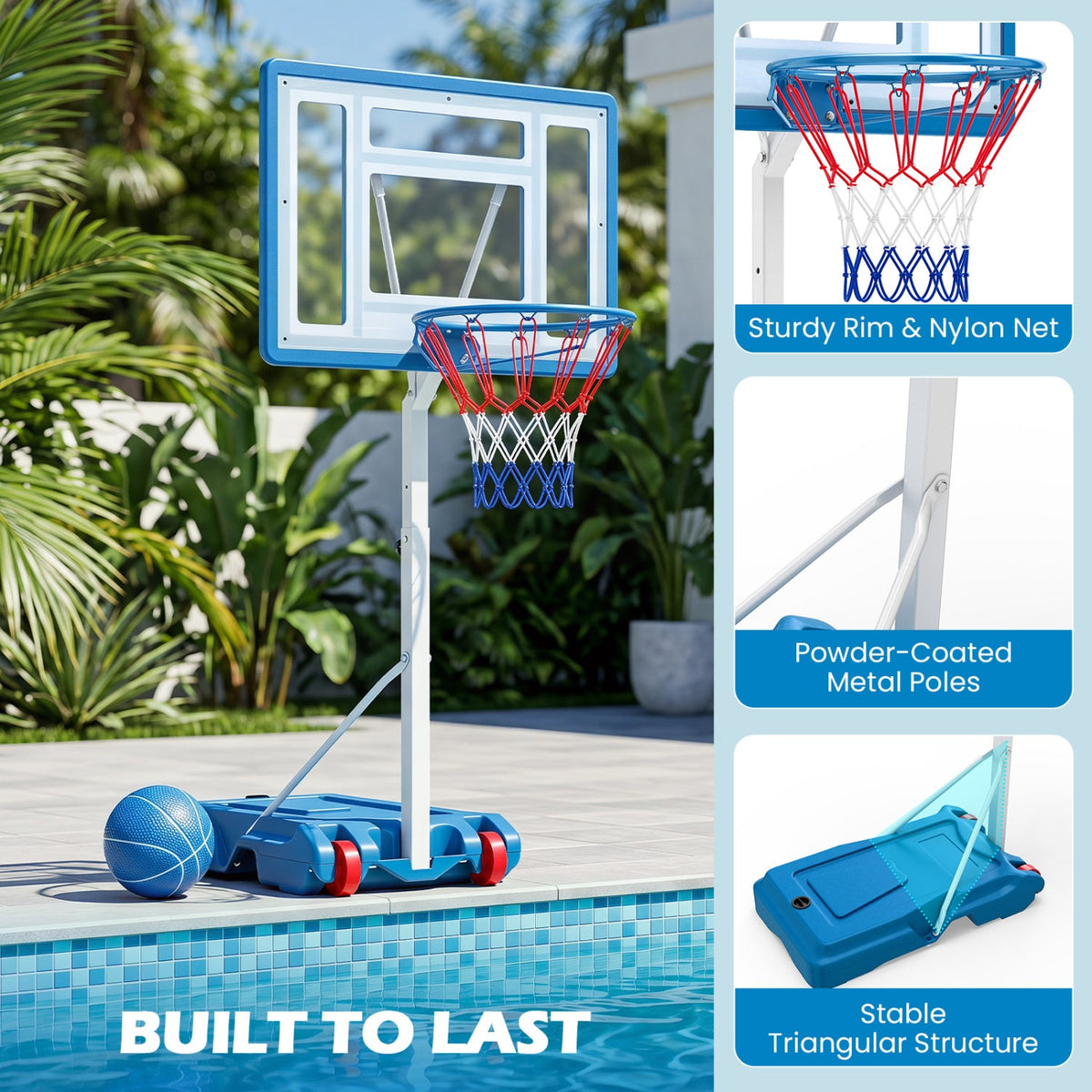 Basketball Hoop DirectDeals adjustable pool hoop with shatterproof backboard, blue rim on Tampa Home & Garden Store
