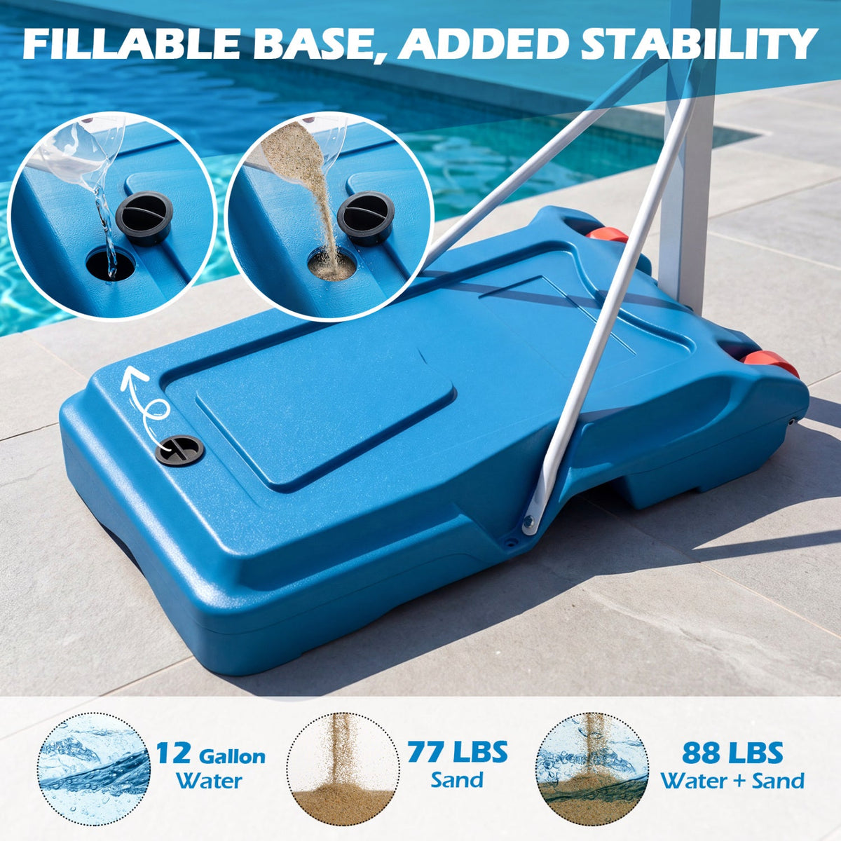 Adjustable pool basketball hoop with blue base, DirectDeals, fillable water/sand base on Tampa Home & Garden Store