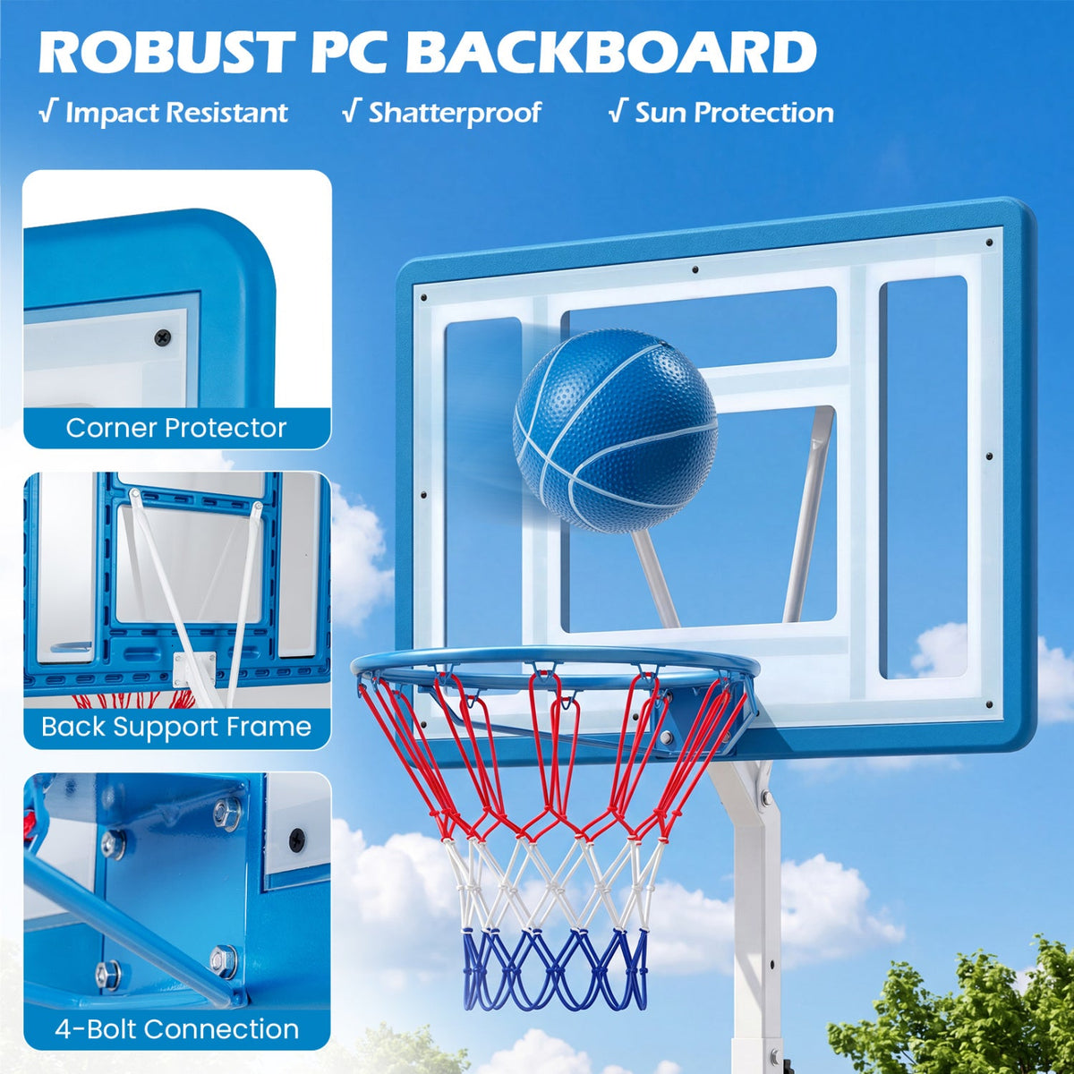 Adjustable pool basketball hoop with shatterproof PC backboard DirectDeals blue backboard frame on Tampa Home & Garden Store