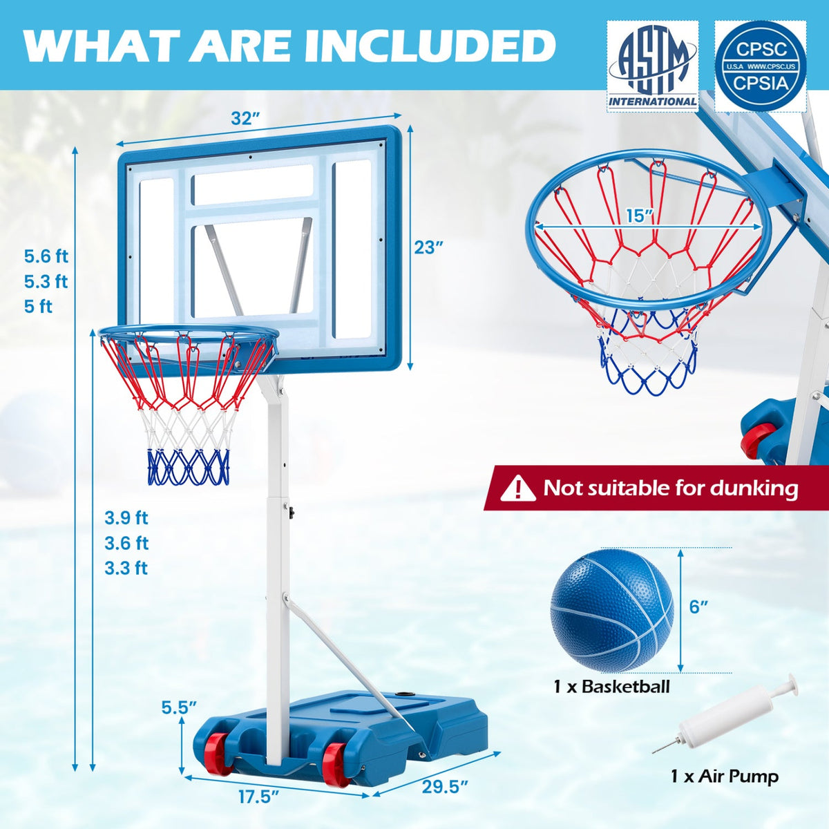 Adjustable pool basketball hoop with shatterproof backboard, blue frame, DirectDeals on Tampa Home & Garden Store