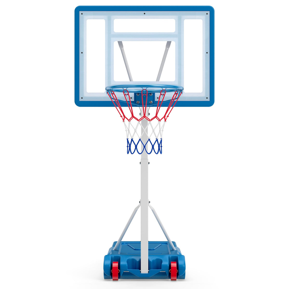 Adjustable pool basketball hoop with shatterproof backboard, blue frame on wheels on Tampa Home & Garden Store