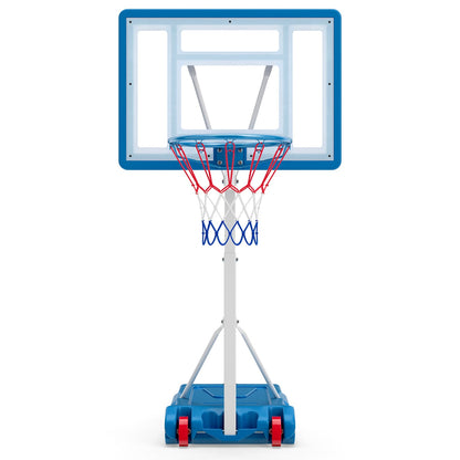 Adjustable pool basketball hoop with shatterproof backboard, blue frame on wheels on Tampa Home & Garden Store