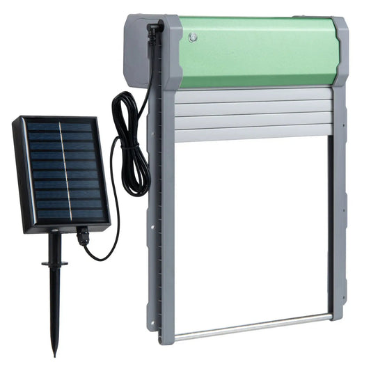 DirectDeals Automatic Chicken Coop Door with remote & light sensor, green housing, gray frame on Tampa Home & Garden Store