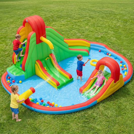 Inflatable water slide with 3 colorful slides and splash pool for fun on Tampa Home & Garden Store