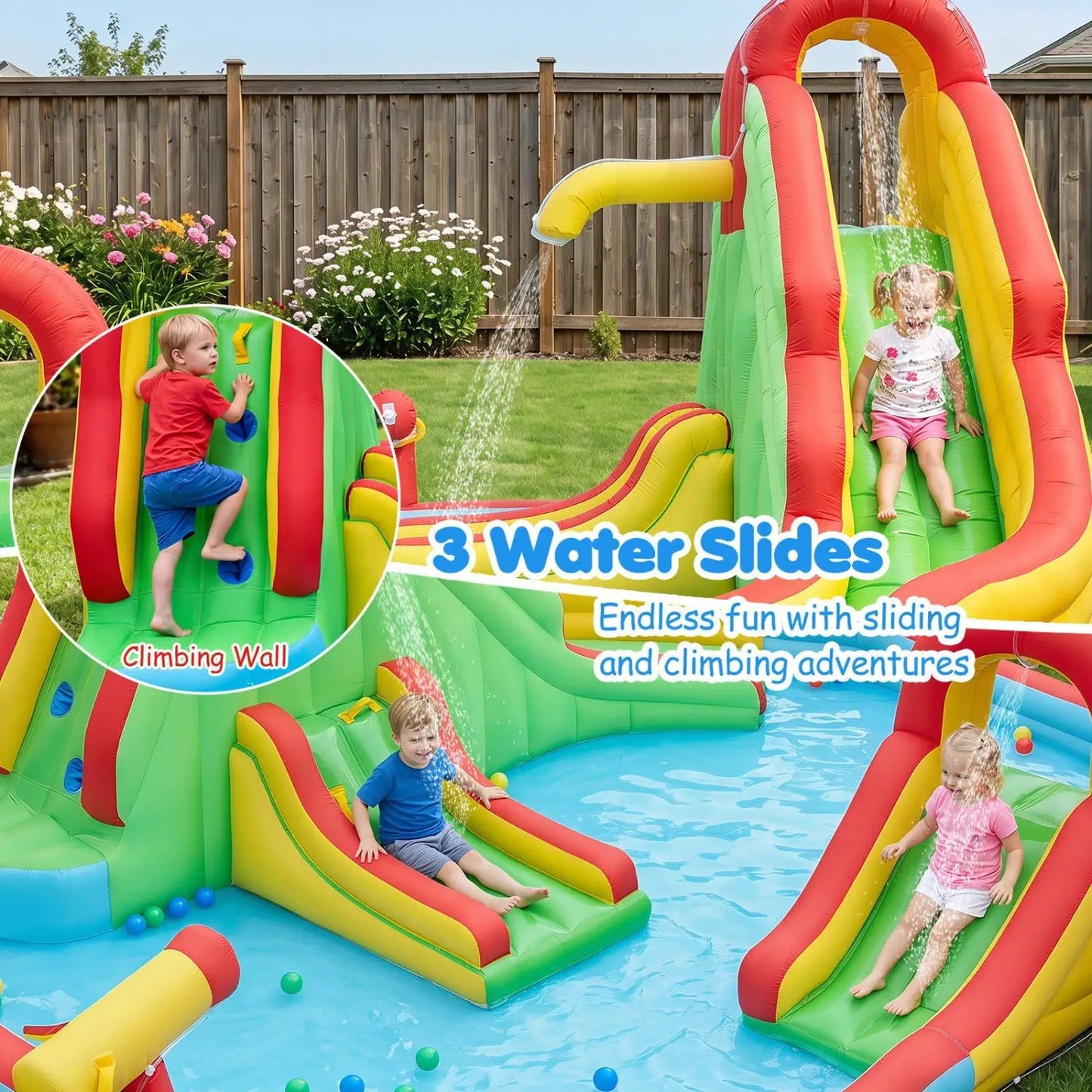 Inflatable Water Park With 3 Slides and Pool