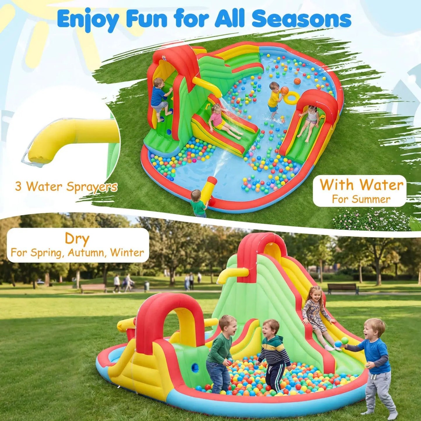 Inflatable Water Park With 3 Slides and Pool