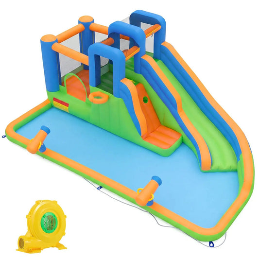 Inflatable water slide park with blue arches, orange lanes, splash pool, 780W blower on Tampa Home & Garden Store