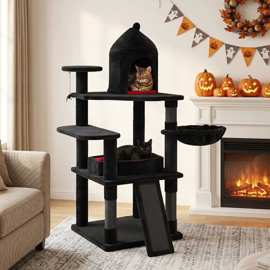 50-Inch Gothic Cat Tree with Castle House in black plush, multi-level towers with cozy den by DirectDeals on Tampa Home & Garden Store