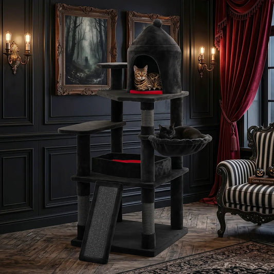Cat Tree by DirectDeals, 50-Inch Gothic multi-level with castle house, black plush, two cats on Tampa Home & Garden Store
