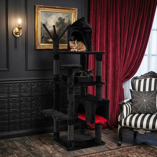 70-Inch Gothic Cat Tree with Castle and Coffin Bed by DirectDeals, black plush on Tampa Home & Garden Store