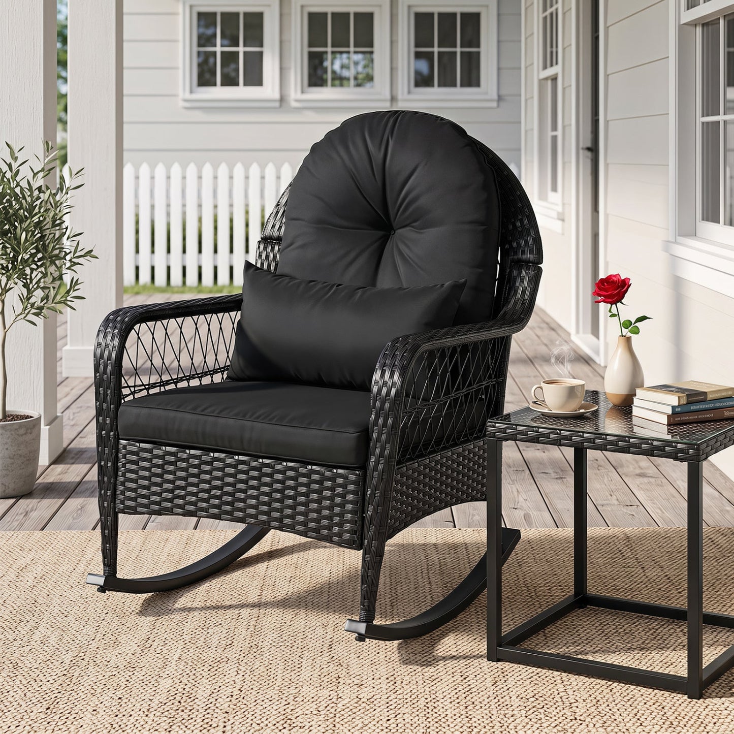 Outdoor Wicker Rocking Chair DirectDeals, black cushions and anti-tip stoppers on porch on Tampa Home & Garden Store