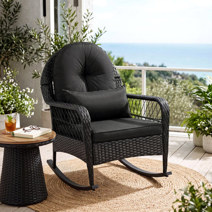Outdoor wicker rocking chair with black cushions and antitip stoppers by DirectDeals on a patio on Tampa Home & Garden Store