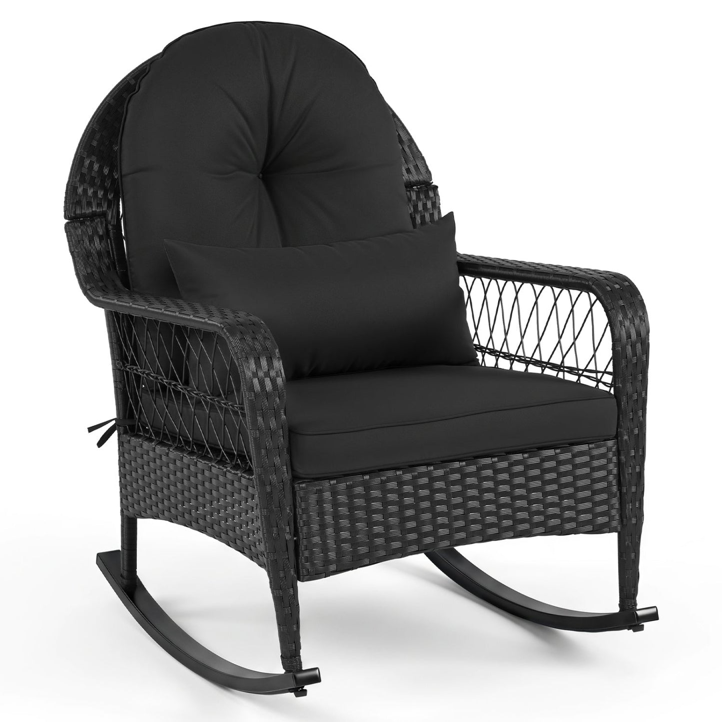 Outdoor wicker rocking chair with black cushions and anti-tip stoppers on Tampa Home & Garden Store