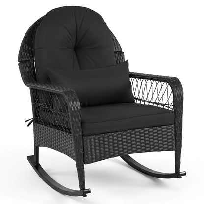 Outdoor wicker rocking chair with black cushions and anti-tip stoppers on Tampa Home & Garden Store
