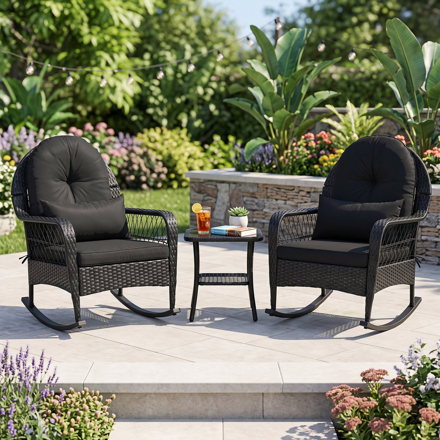 Outdoor wicker rocking chairs by DirectDeals with black cushions set of 2 and side table on Tampa Home & Garden Store