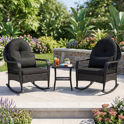Outdoor wicker rocking chairs by DirectDeals with black cushions set of 2 and side table on Tampa Home & Garden Store