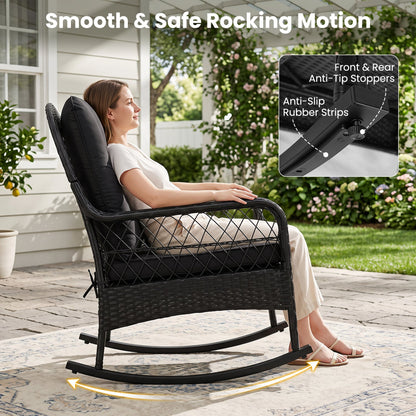 Outdoor Wicker Rocking Chair with Cushions by DirectDeals, black wicker with anti-tip stoppers on Tampa Home & Garden Store