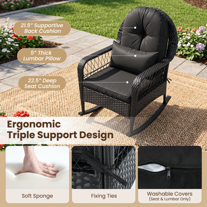 Outdoor Wicker Rocking Chair by DirectDeals with Cushions and Anti-Tip Stoppers, dark wicker frame and black cushions on Tampa Home & Garden Store