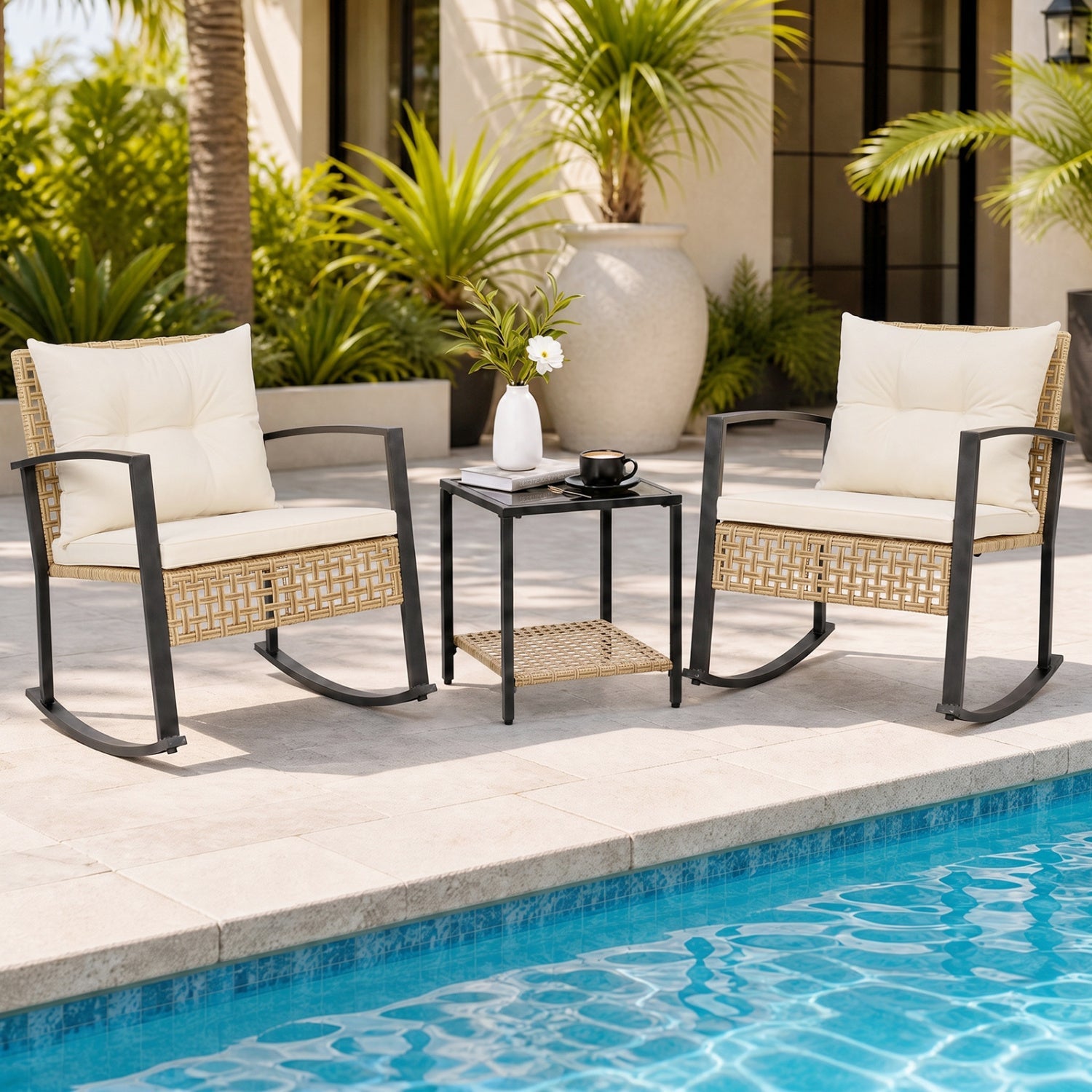 3-Piece Rattan Patio Set: two beige rocking chairs with black frames and wicker shelf table on Tampa Home & Garden Store