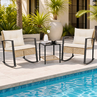 3-Piece Rattan Patio Set: two beige rocking chairs with black frames and wicker shelf table on Tampa Home & Garden Store