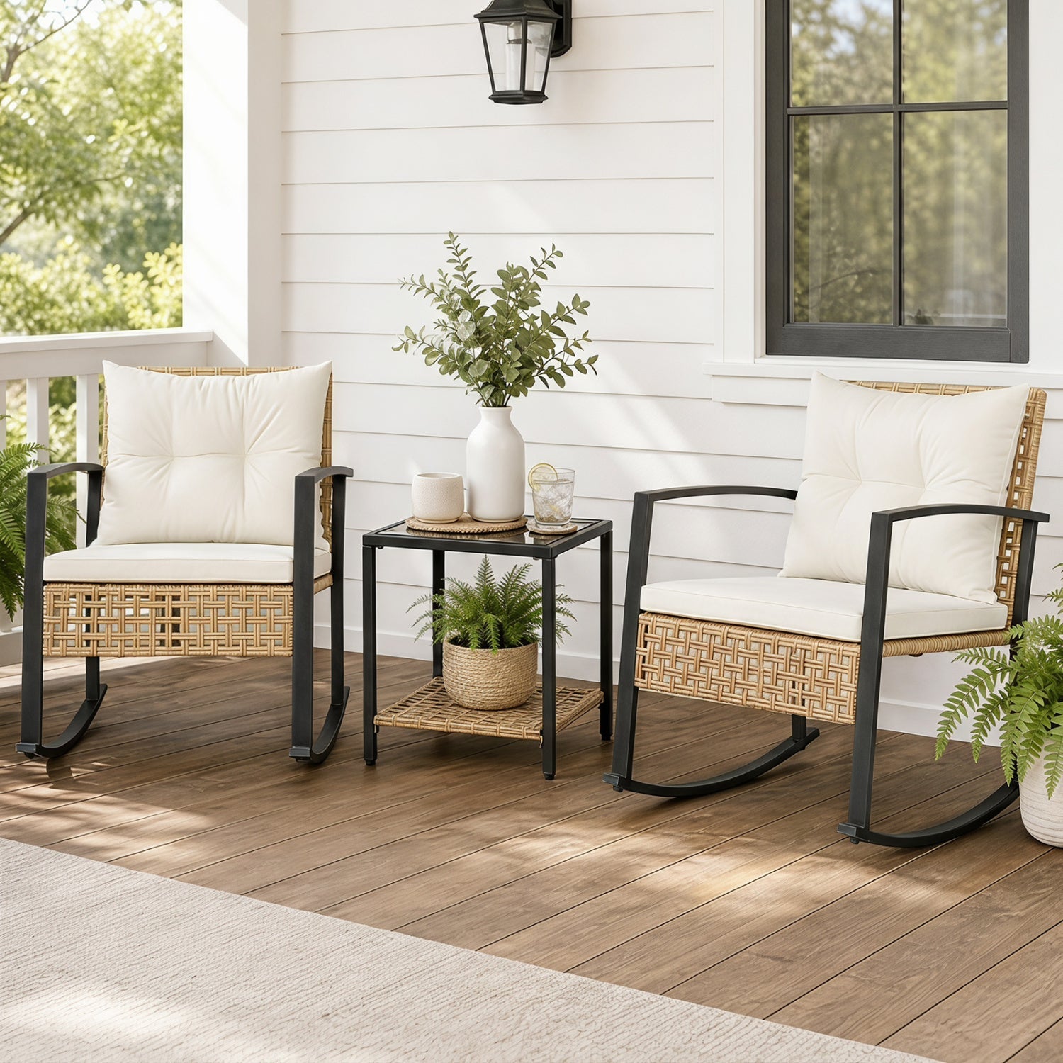3-Piece DirectDeals Rattan Patio Conversation Set with Rocking Chairs, cream cushions on Tampa Home & Garden Store