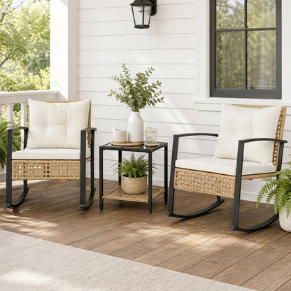 3-Piece DirectDeals Rattan Patio Conversation Set with Rocking Chairs, cream cushions on Tampa Home & Garden Store