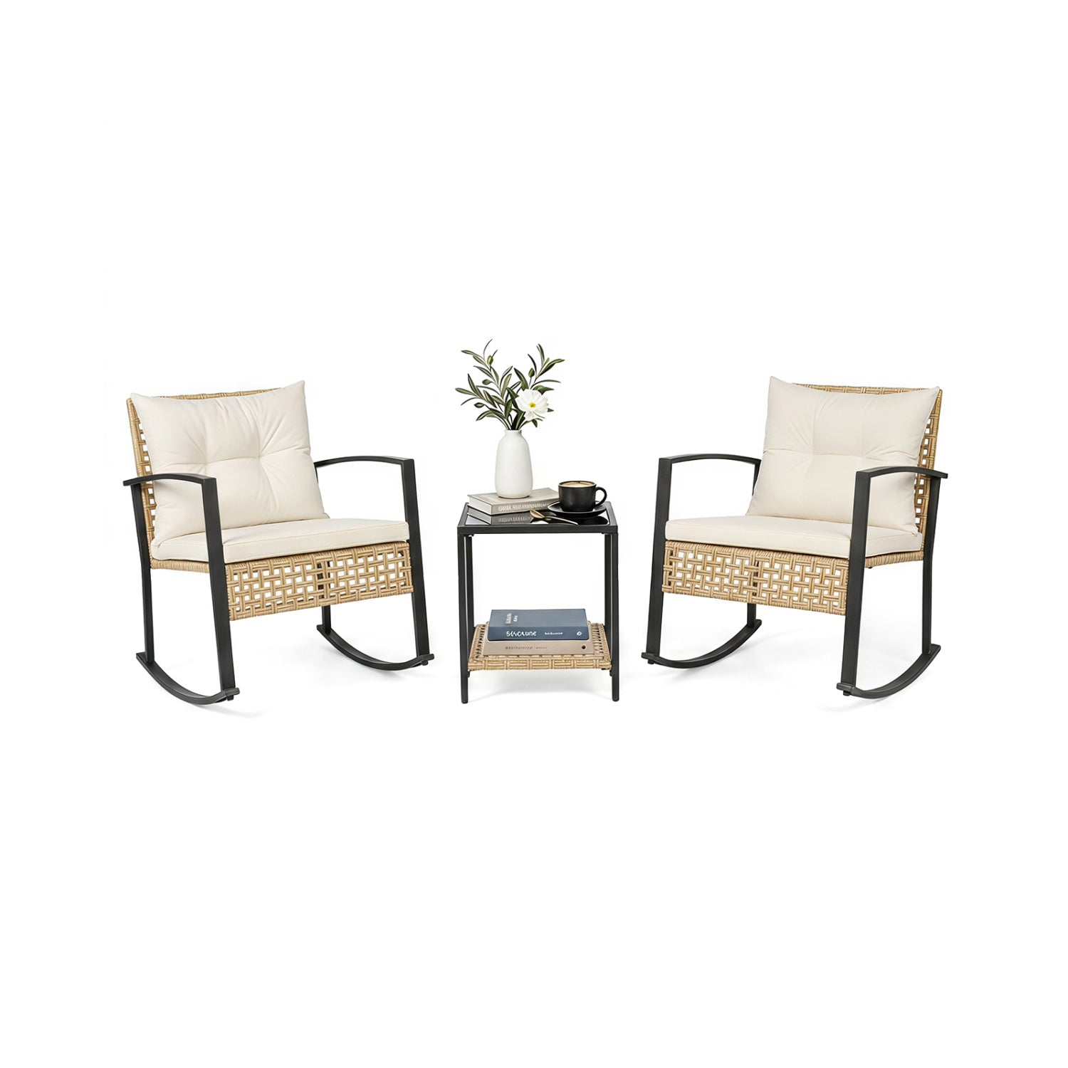 3-Piece Rattan Patio Conversation Set with two Rocking Chairs, beige cushions and black table on Tampa Home & Garden Store