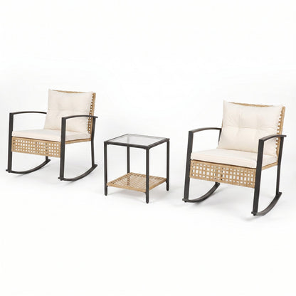 3-Piece Rattan Patio Conversation Set by DirectDeals with Rocking Chairs, beige cushions on Tampa Home & Garden Store