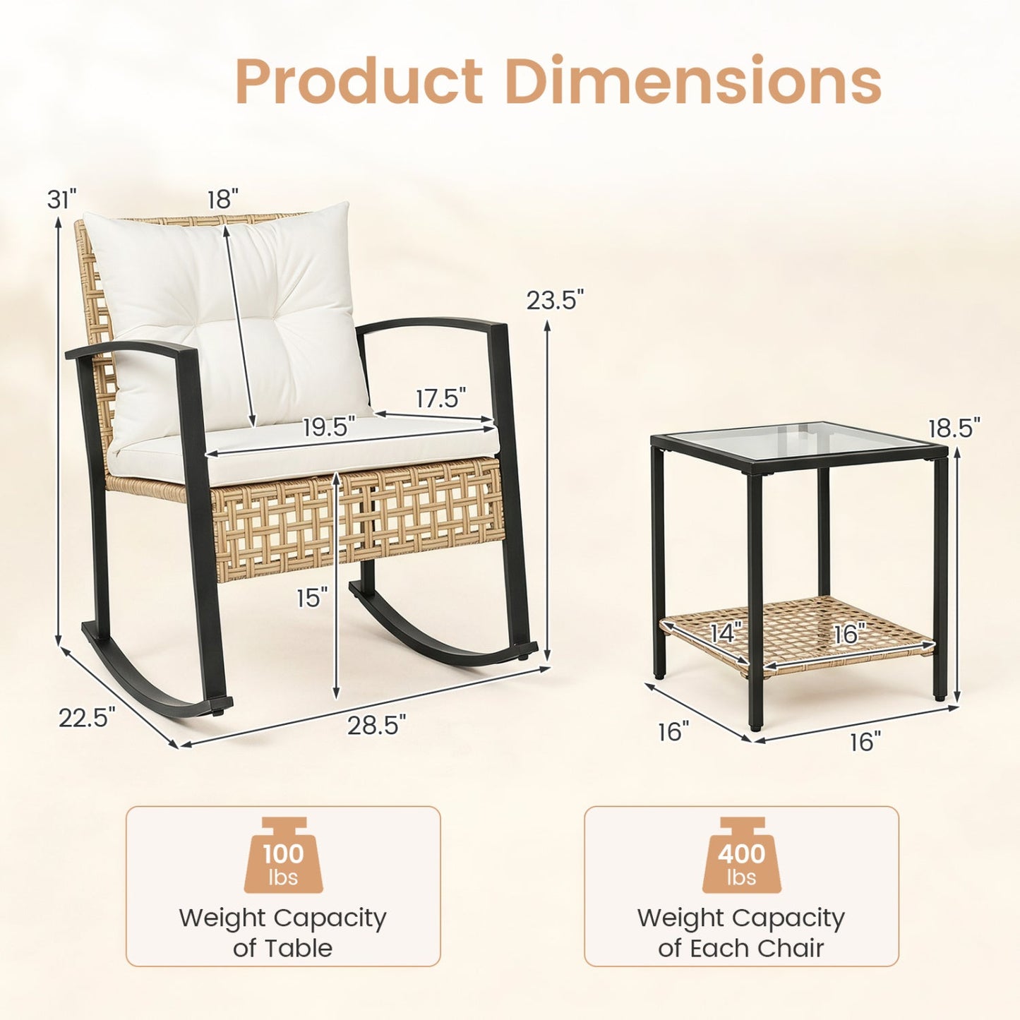 3-Piece Rattan Patio Conversation Set Rocking Chairs by DirectDeals, 2 chairs and glass top on Tampa Home & Garden Store