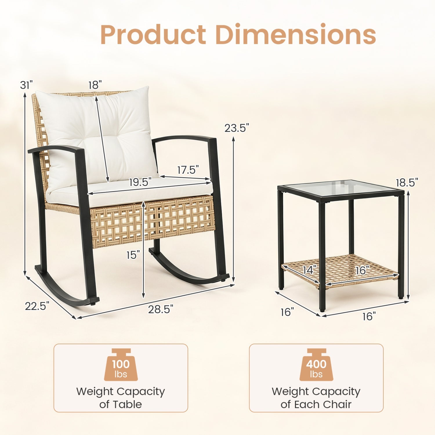 3-Piece Rattan Patio Conversation Set Rocking Chairs by DirectDeals, 2 chairs and glass top on Tampa Home & Garden Store