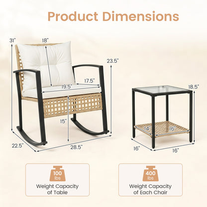 3-Piece Rattan Patio Conversation Set Rocking Chairs by DirectDeals, 2 chairs and glass top on Tampa Home & Garden Store