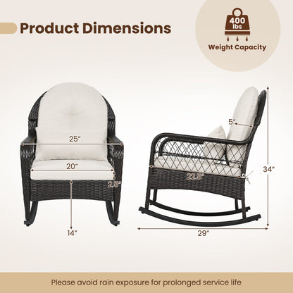 Outdoor wicker rocking chair with cream cushions DirectDeals 400 lb capacity front/side view on Tampa Home & Garden Store