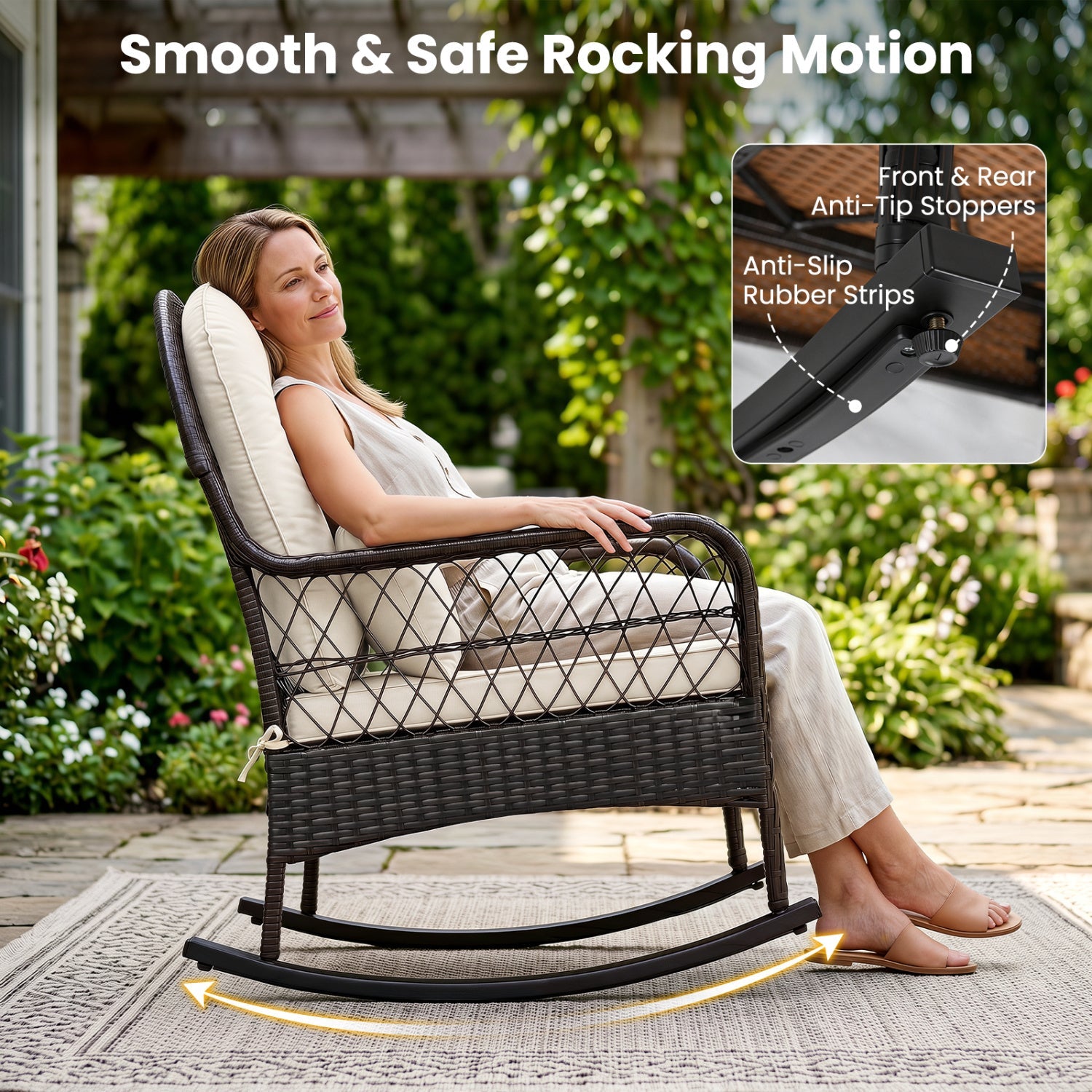 Outdoor wicker rocking chair DirectDeals with beige cushions, 400 lb capacity on Tampa Home & Garden Store