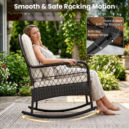 Outdoor wicker rocking chair DirectDeals with beige cushions, 400 lb capacity on Tampa Home & Garden Store